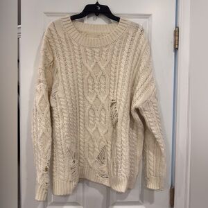 J.O.A. Cream Oversized Distressed Cable Knit Sweater